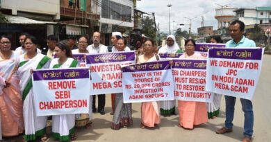 Congress workers holding protest in Manipur on August 22, 2024 to demand JPC probe into Adani Group scandal. Photo: Congress