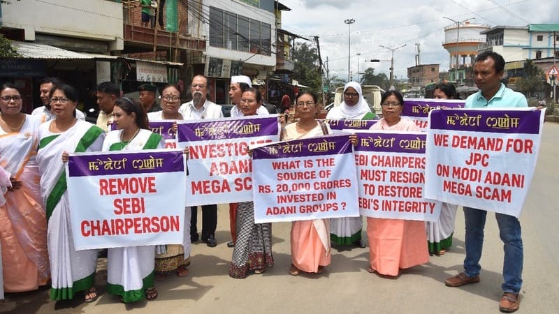 Congress workers holding protest in Manipur on August 22, 2024 to demand JPC probe into Adani Group scandal. Photo: Congress