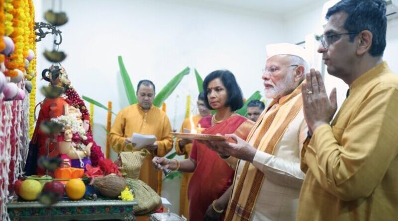 Prime Minister (PM) of India Narendra Modi participating in a religious ceremony at the residence of Chief Justice of India (CJI) Justice DY Chandrachud on September 11, 2024. Photo: PIB