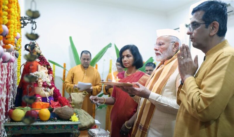 Prime Minister (PM) of India Narendra Modi participating in a religious ceremony at the residence of Chief Justice of India (CJI) Justice DY Chandrachud on September 11, 2024. Photo: PIB