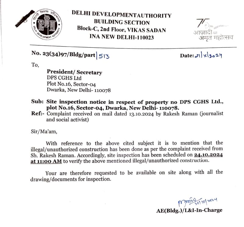 DDA ordered a site inspection at DPS CGHS on October 24, 2024.