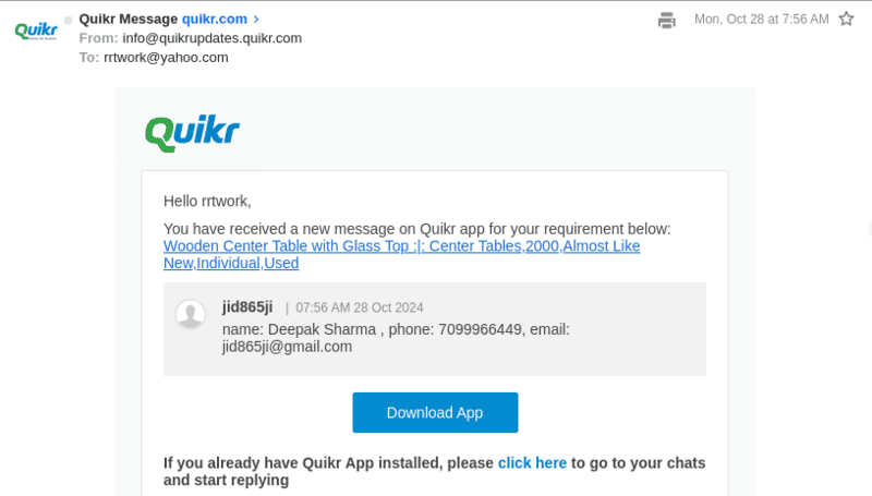 Screenshot of the email that I received from Quikr about Deepak Sharma's message to me on October 28, 2024.