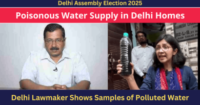 Left: Aam Aadmi Party (AAP) leader Arvind Kejriwal and Right: Member of Parliament (MP) Swati Maliwal showing a sample of poisonous water in Delhi. Inset Photos: AAP, Swati Maliwal