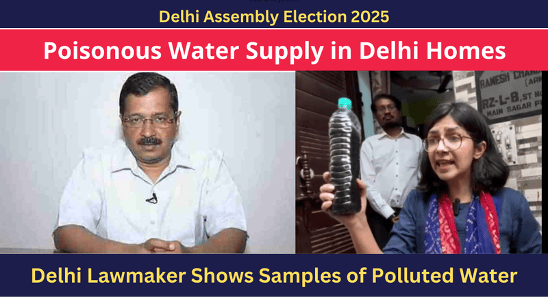 Left: Aam Aadmi Party (AAP) leader Arvind Kejriwal and Right: Member of Parliament (MP) Swati Maliwal showing a sample of poisonous water in Delhi. Inset Photos: AAP, Swati Maliwal