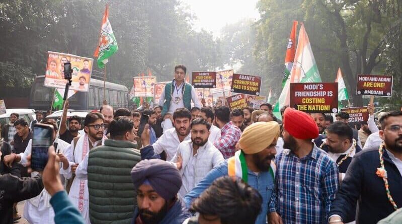 Congress workers protesting against PM Modi and his associate Gautam Adani on November 25, 2024. Photo: Congress 