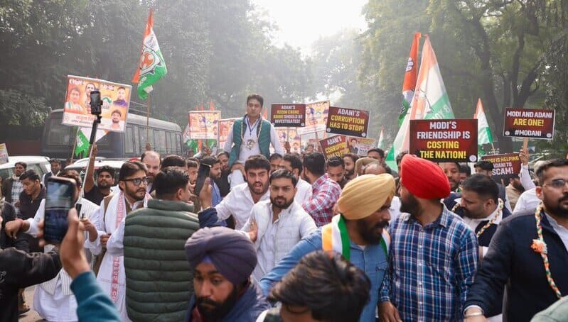 Congress workers protesting against PM Modi and his associate Gautam Adani on November 25, 2024. Photo: Congress 