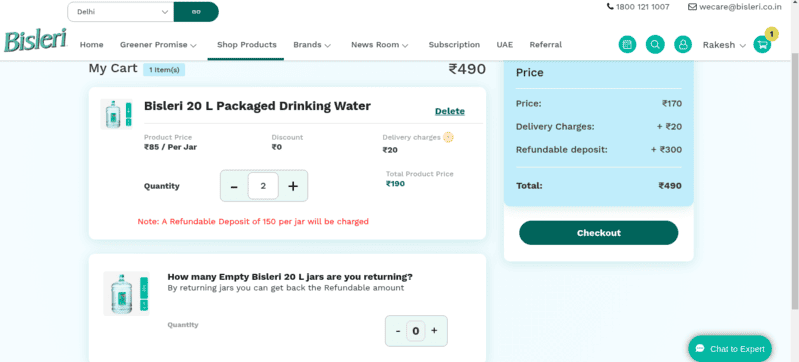 Screenshot of Bisleri’s defective website on February 9, 2025.